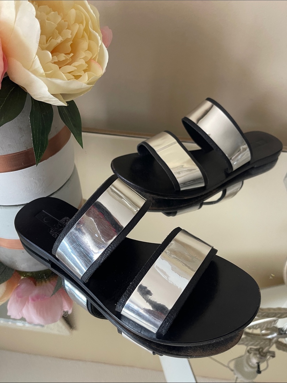 Sol Sana Evie Leather Metallic Silver Double-Strap Women's Slide Sandals